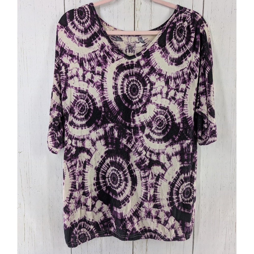 Ana Size Large Womens Multi Color V Neck Short Sleeve Casual Top
